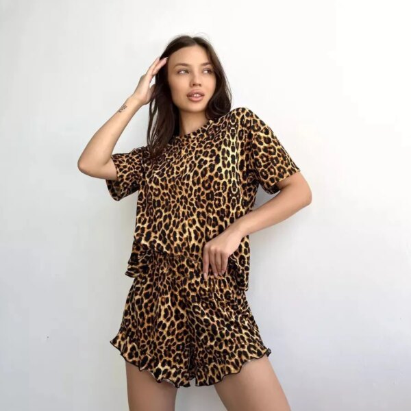 Leopard Print Women’s Pajama Set short-sleeve top and shorts for stylish comfort