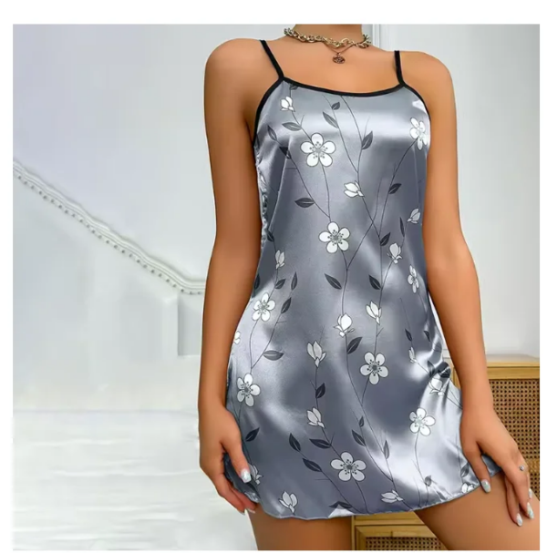 Women’s Sleepwear Summer Floral Print Satin Nightgown Backless Slip Dress