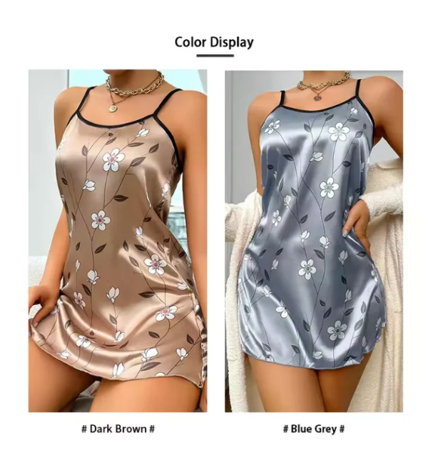 Women’s Sleepwear Summer Floral Print Satin Nightgown Backless Slip Dress
