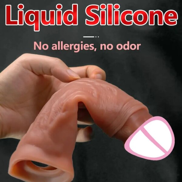Condom Penis Extender Sleeve Vibrator made of liquid silicone for couples’ intimacy and delayed climax