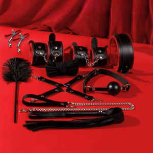 BDSM bed bondage set Red & Black with leather handcuffs, whip, gag, and collar for adults
