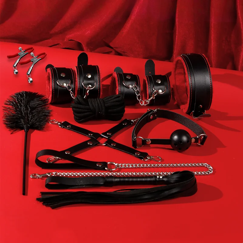 BDSM bed bondage set Red & Black with leather handcuffs, whip, gag, and collar for adults