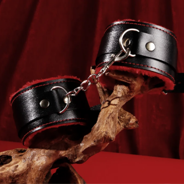 BDSM bed bondage set Red & Black with leather handcuffs, whip, gag, and collar for adults