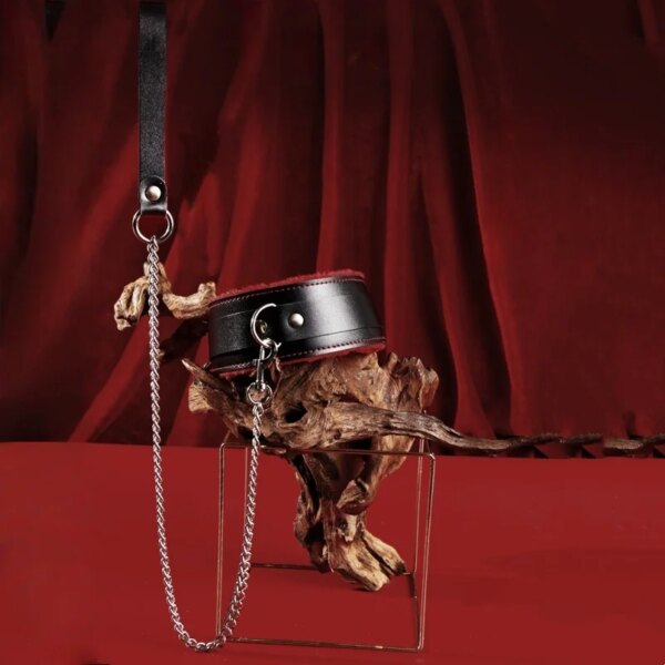 BDSM bed bondage set Red & Black with leather handcuffs, whip, gag, and collar for adults