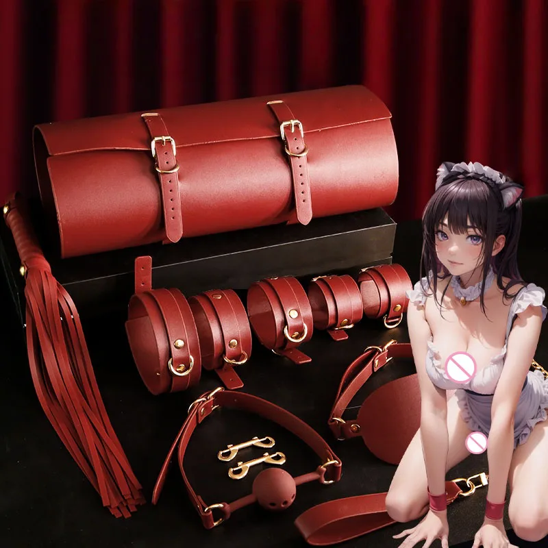 Premium BDSM bondage suit set with leather handcuffs, collar, leash, and whip arranged on a table.