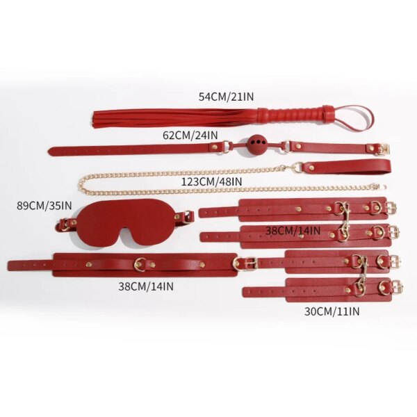 Premium BDSM bondage suit set with leather handcuffs, collar, leash, and whip arranged on a table.