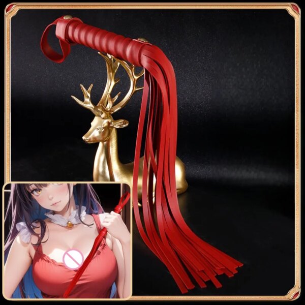 Premium BDSM bondage suit set with leather handcuffs, collar, leash, and whip arranged on a table.