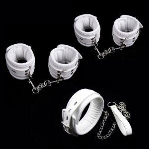 Puppy play Soft and Comfortable Bondage Restraints set with collar, wrist cuffs, and ankle cuffs displayed on a soft surface