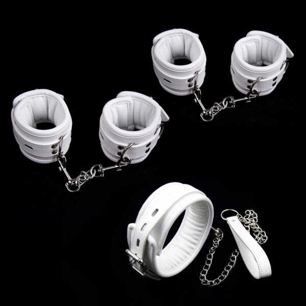 Puppy play Soft and Comfortable Bondage Restraints set with collar, wrist cuffs, and ankle cuffs displayed on a soft surface