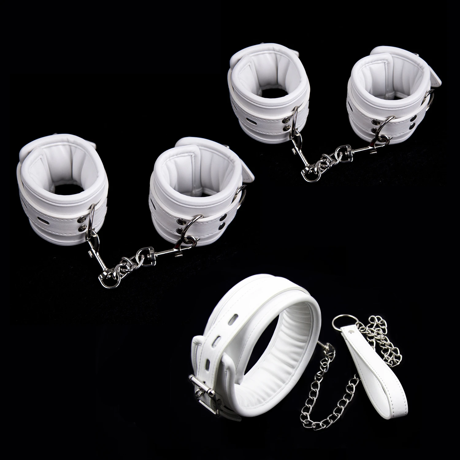 Puppy play Soft and Comfortable Bondage Restraints set with collar, wrist cuffs, and ankle cuffs displayed on a soft surface