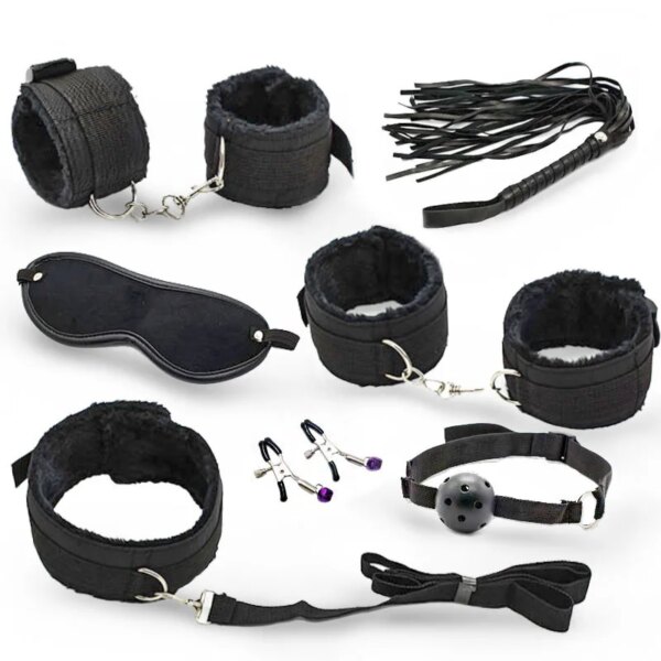 7PCS Exotic Bed Restraint Set with nylon furry cuffs for couples intimacy