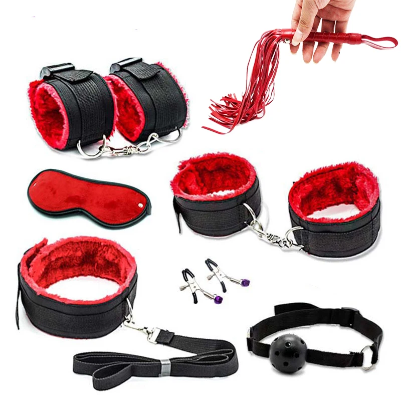 7PCS Exotic Bed Restraint Set with nylon furry cuffs for couples intimacy