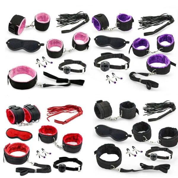 7PCS Exotic Bed Restraint Set with nylon furry cuffs for couples intimacy