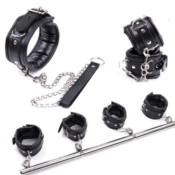 Stainless Steel Adjustable Open Leg Bar Bondage Set with Lockable Cuffs and Collar for Intimacy and Wellness
