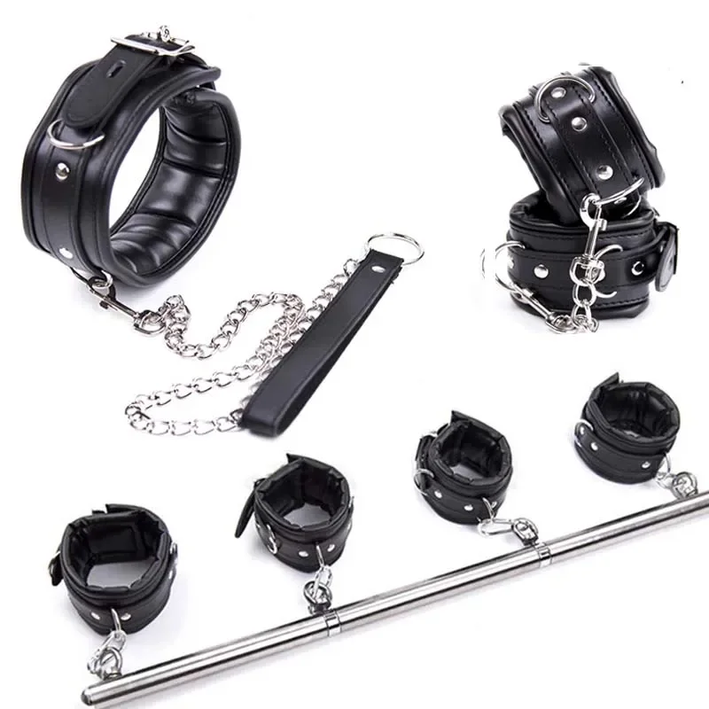 Stainless Steel Adjustable Open Leg Bar Bondage Set with Lockable Cuffs and Collar for Intimacy and Wellness