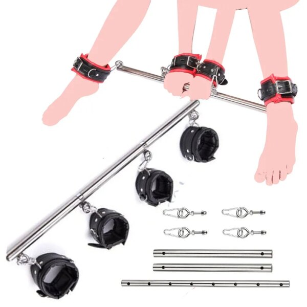 Stainless Steel Adjustable Open Leg Bar Bondage Set with Lockable Cuffs and Collar for Intimacy and Wellness