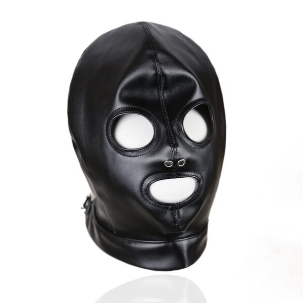 Sexy Leather Bondage Hood Full Face Mask – fetish cosplay adult roleplay headgear