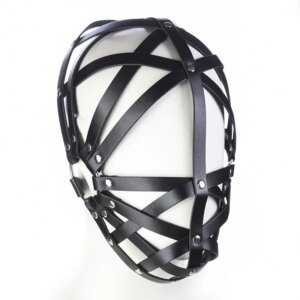 Black Leather Harness Bondage Face Mask for adult roleplay and cosplay, adjustable hollow-out design