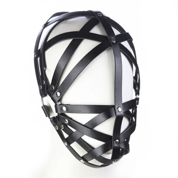 Black Leather Harness Bondage Face Mask for adult roleplay and cosplay, adjustable hollow-out design