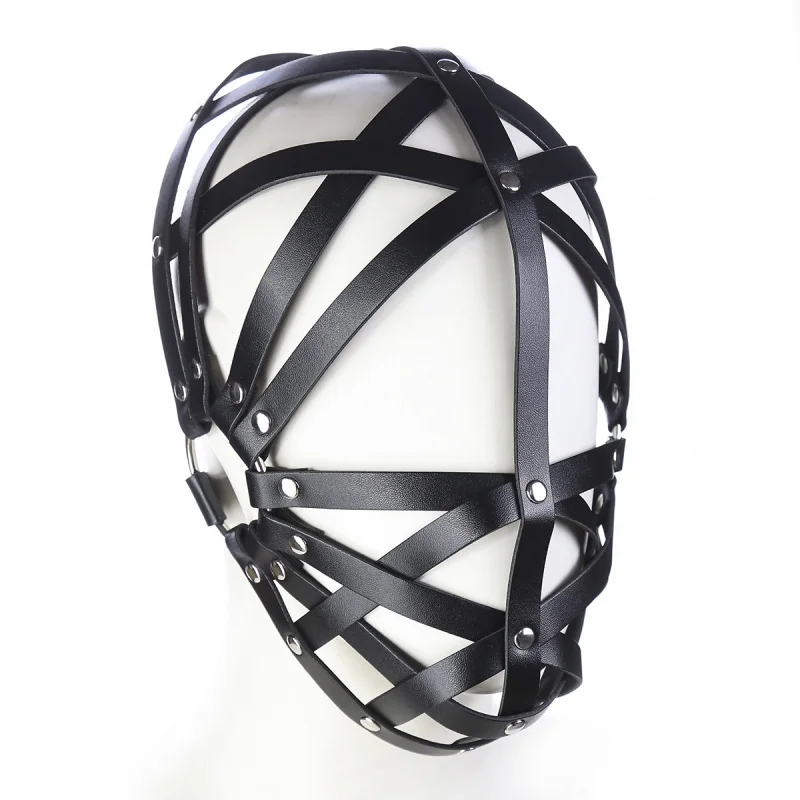 Black Leather Harness Bondage Face Mask for adult roleplay and cosplay, adjustable hollow-out design
