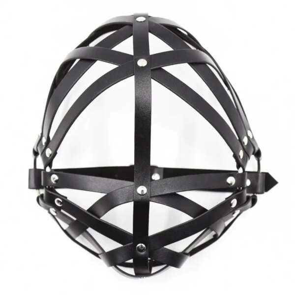 Black Leather Harness Bondage Face Mask for adult roleplay and cosplay, adjustable hollow-out design
