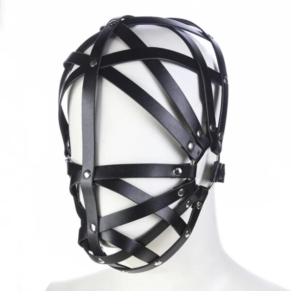 Black Leather Harness Bondage Face Mask for adult roleplay and cosplay, adjustable hollow-out design
