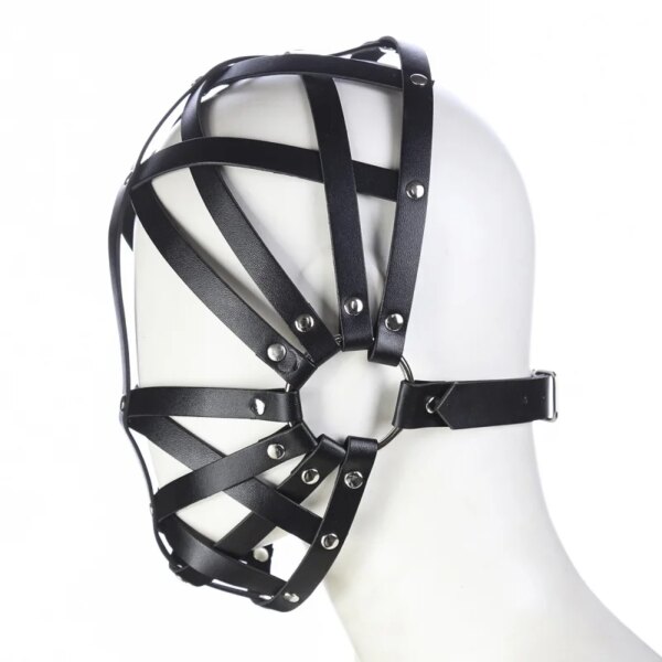 Black Leather Harness Bondage Face Mask for adult roleplay and cosplay, adjustable hollow-out design