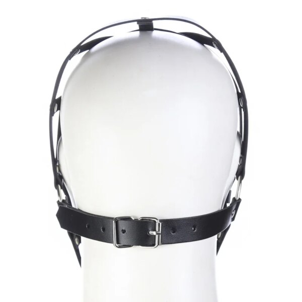 Black Leather Harness Bondage Face Mask for adult roleplay and cosplay, adjustable hollow-out design