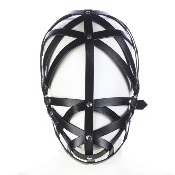Black Leather Harness Bondage Face Mask for adult roleplay and cosplay, adjustable hollow-out design