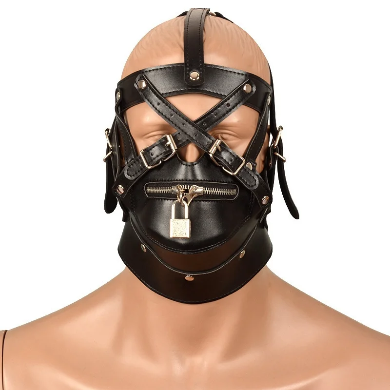 Fetish Cosplay Sexy Mask PU Leather Bondage Hood Open Mouth With Zip