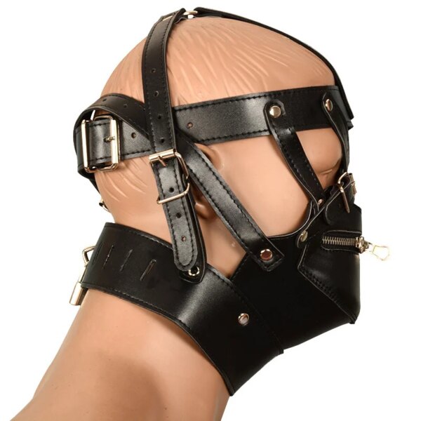 Fetish Cosplay Sexy Mask PU Leather Bondage Hood Open Mouth With Zip