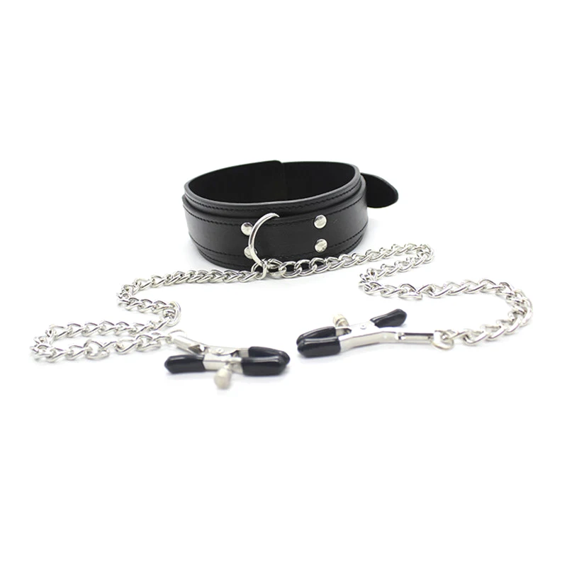 Leather Choker with Nipple Clamp & BDSM Restraints for Couples