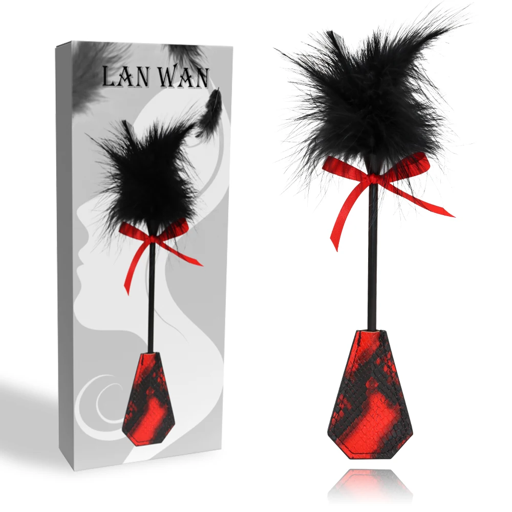 Adult Sex Flirting Toys Artificial Feather with Snake Skin Print PU Leather Spanking Tease Stick for Women