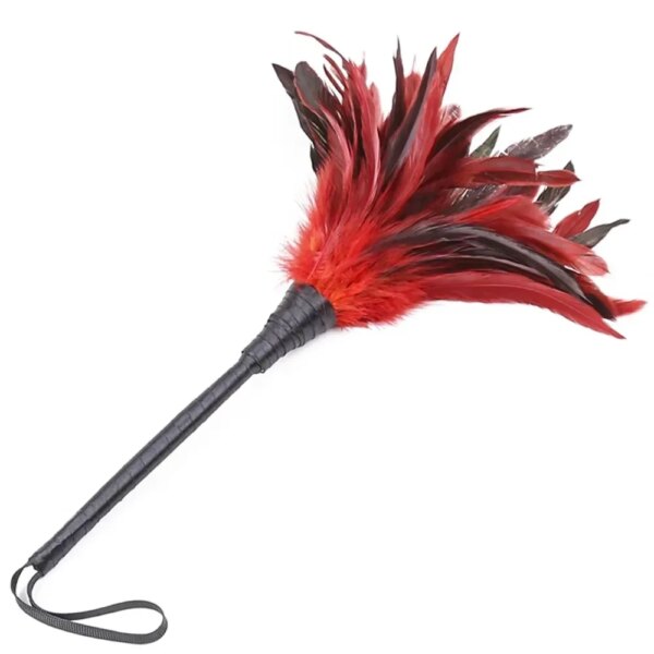 35cm Red Chicken Feather Whip with PU Leather Handle for Costumes and Performance