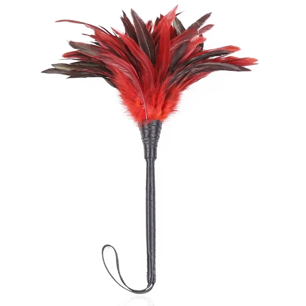 35cm Red Chicken Feather Whip with PU Leather Handle for Costumes and Performance