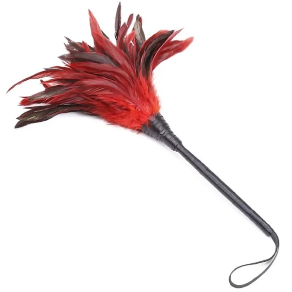 35cm Red Chicken Feather Whip with PU Leather Handle for Costumes and Performance