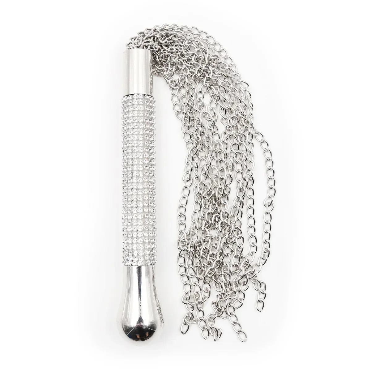 Adult Whip with Diamond Handle Heavy Chain BDSM Flogger on satin bedspread – elegant sensual accessory