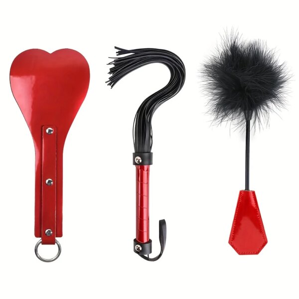 Snakeskin Leather Bondage Restraint Kit 3PCS – Paddle, Whip, Feather Tickler