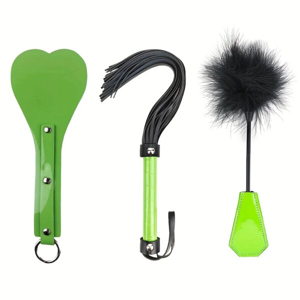 Snakeskin Leather Bondage Restraint Kit 3PCS – Paddle, Whip, Feather Tickler