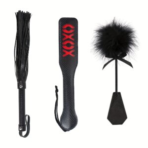Snakeskin Leather Bondage Restraint Kit 3PCS – Paddle, Whip, Feather Tickler