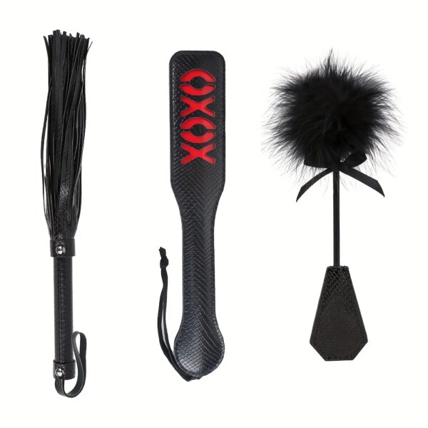 Snakeskin Leather Bondage Restraint Kit 3PCS – Paddle, Whip, Feather Tickler