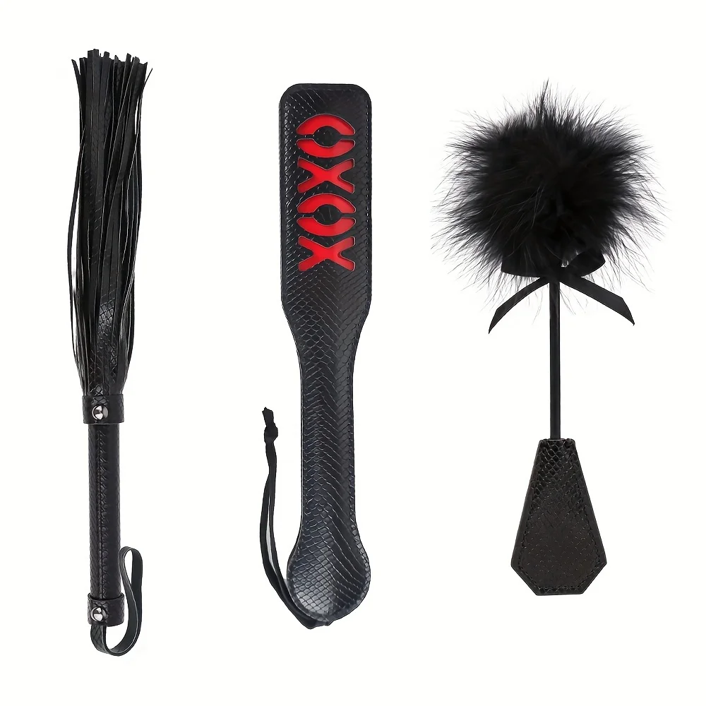 Snakeskin Leather Bondage Restraint Kit 3PCS – Paddle, Whip, Feather Tickler