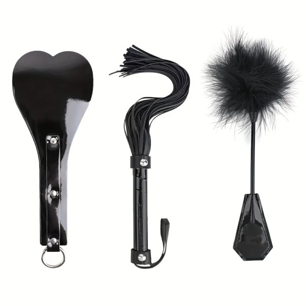 Snakeskin Leather Bondage Restraint Kit 3PCS – Paddle, Whip, Feather Tickler