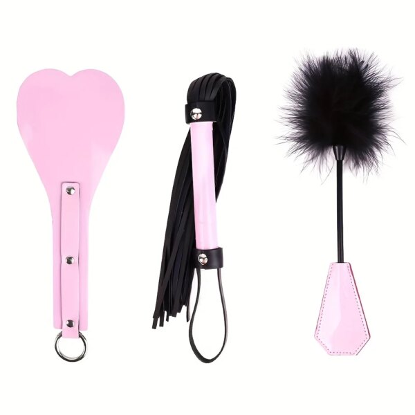 Snakeskin Leather Bondage Restraint Kit 3PCS – Paddle, Whip, Feather Tickler