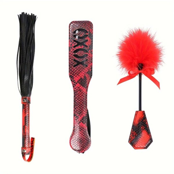 Snakeskin Leather Bondage Restraint Kit 3PCS – Paddle, Whip, Feather Tickler