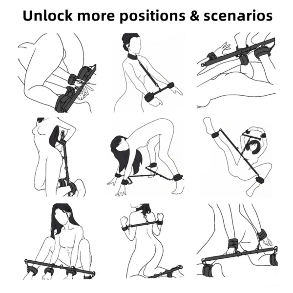 BDSM sex bondage set featuring handcuffs, neck collar, and spreader bar for adult intimate play