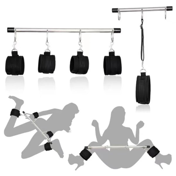 BDSM sex bondage set featuring handcuffs, neck collar, and spreader bar for adult intimate play