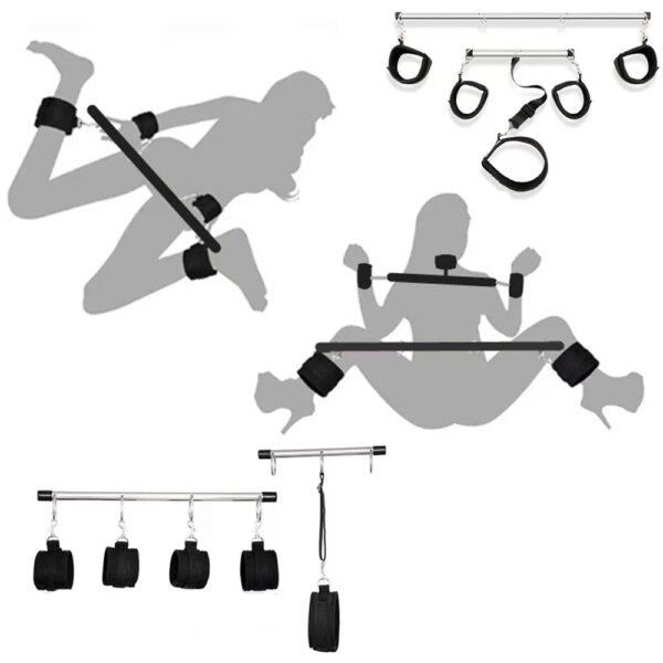BDSM sex bondage set featuring handcuffs, neck collar, and spreader bar for adult intimate play