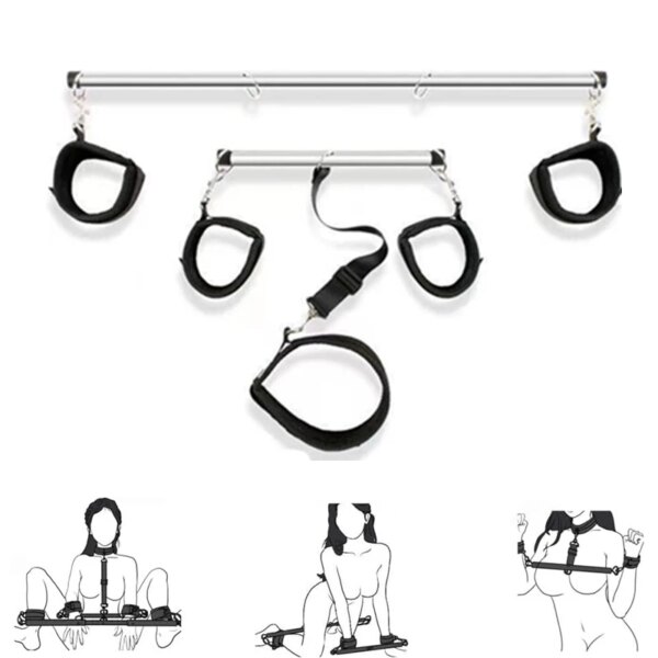 BDSM sex bondage set featuring handcuffs, neck collar, and spreader bar for adult intimate play