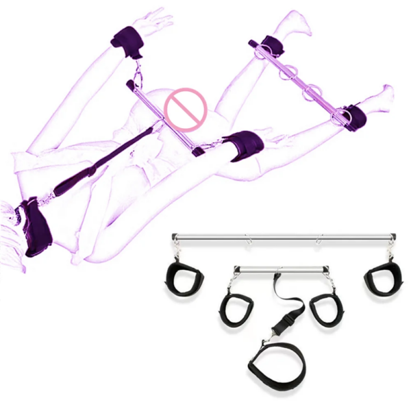 BDSM sex bondage set featuring handcuffs, neck collar, and spreader bar for adult intimate play